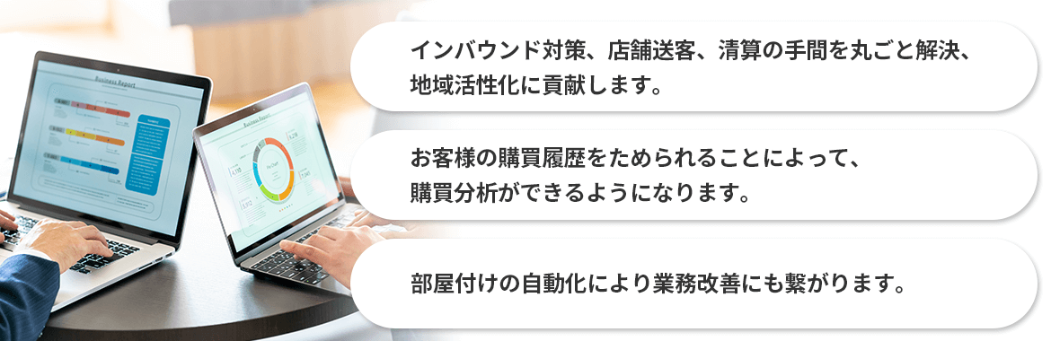 インバウンド対策、店舗送客、清算の手間を丸ごと解決、
    地域活性化に貢献します。　お客様の購買履歴をためられることによって、購買分析ができるようになります。　部屋付けの自動化により業務改善にも繋がります。